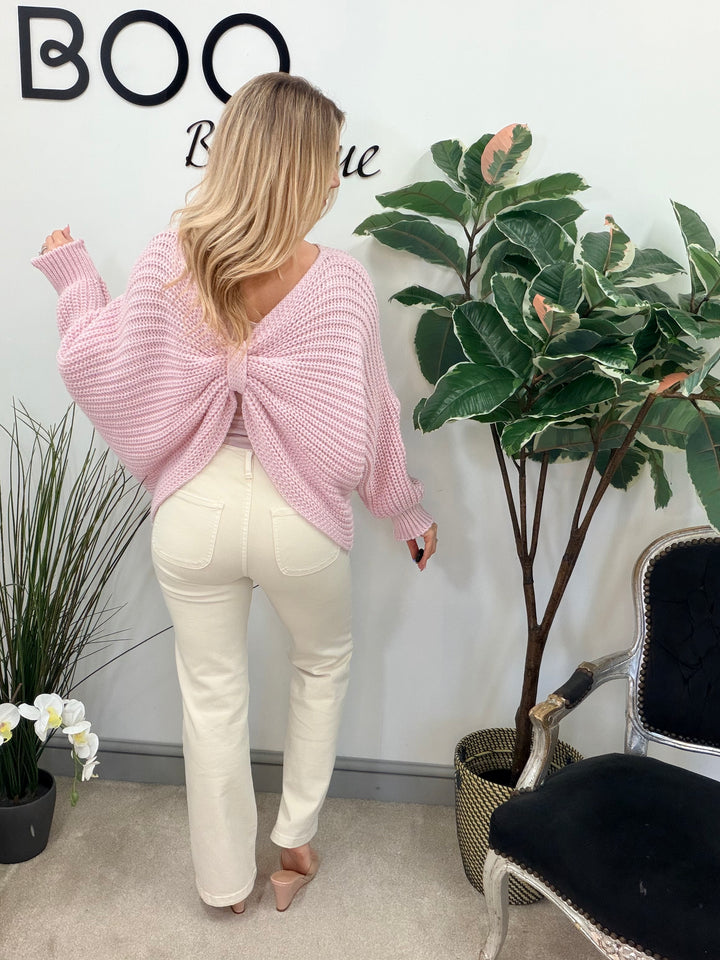 LADIES CHUNKY KNIT TWIST FRONT JUMPER - GREY, BEIGE & PINK