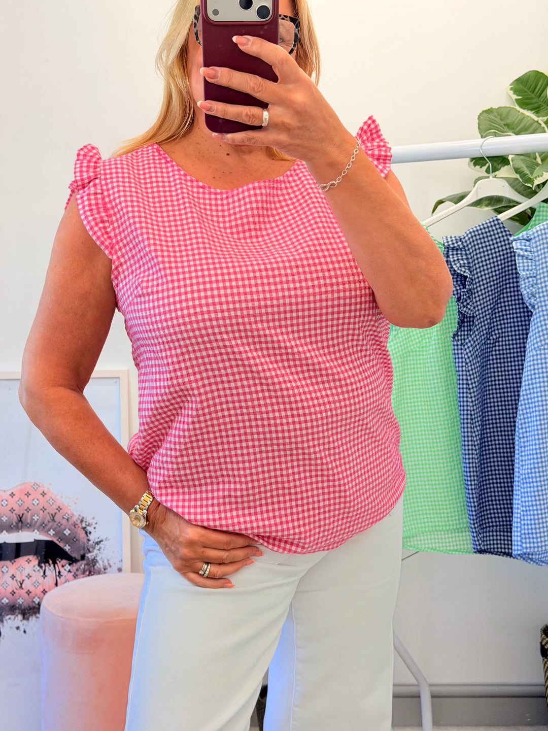 Ladies Gingham Check Summer Top - Pink, Denim Blue, Navy & Green