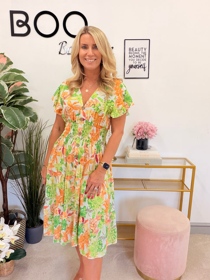 Ladies Floral Print Summer Magic Dress - Blue, Turquoise, Yellow & Green