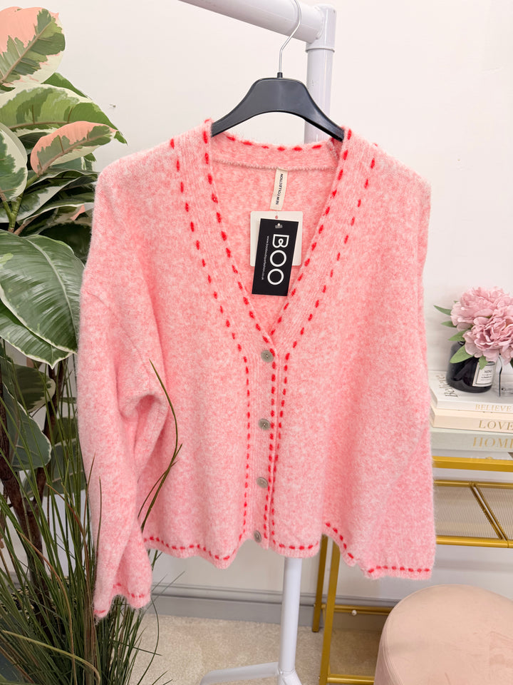 Ladies Fashion Slouch Knitted Cardigan - Black, Grey & Pink