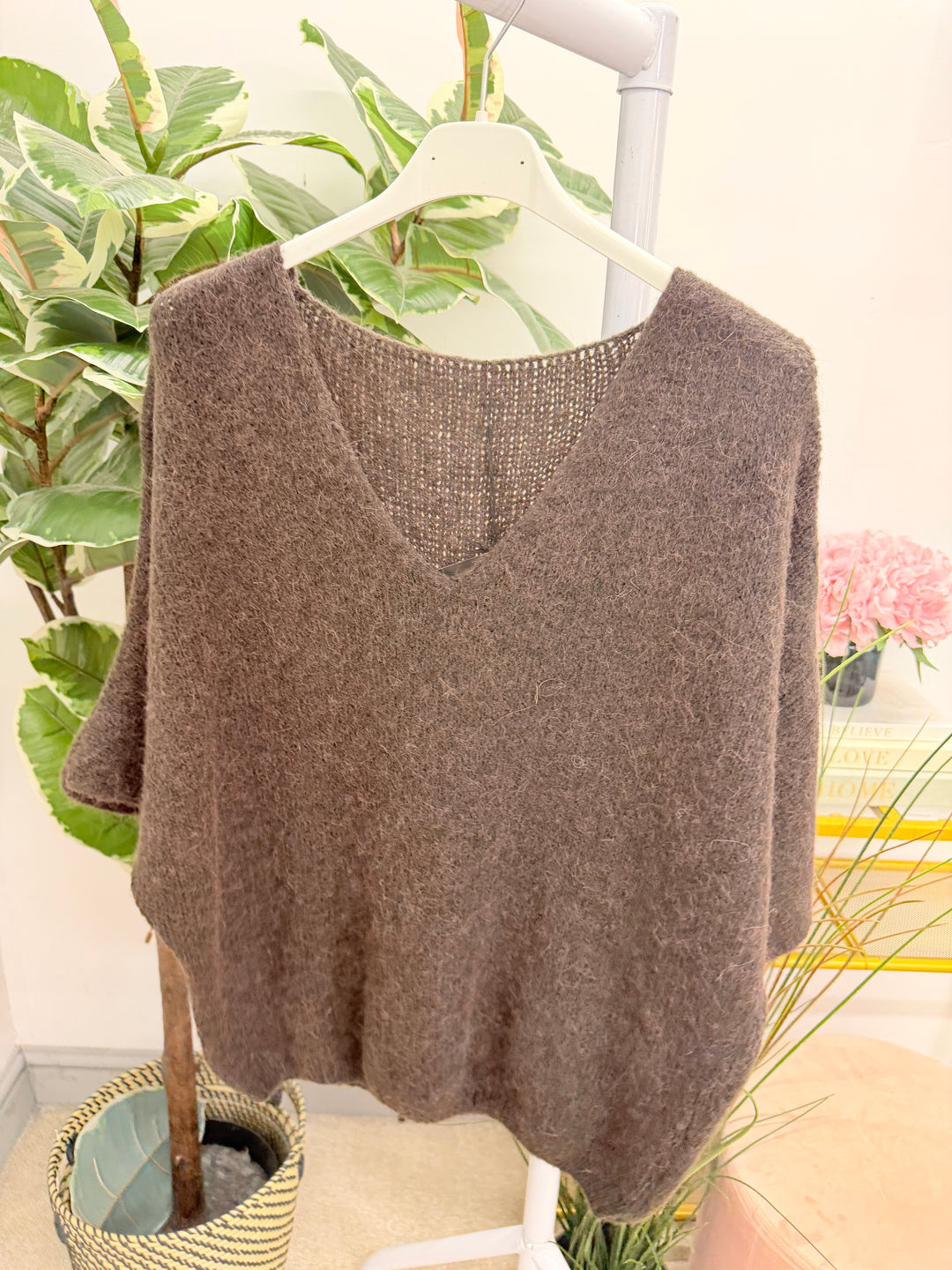 Womens fluffy knit short sleeve V neck jumper - Berry, Brown, Oatmeal, Blue & Khaki
