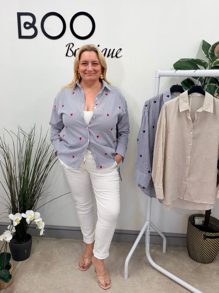 Ladies Fashion Pinstripe Shirt - Navy, Blue & Beige