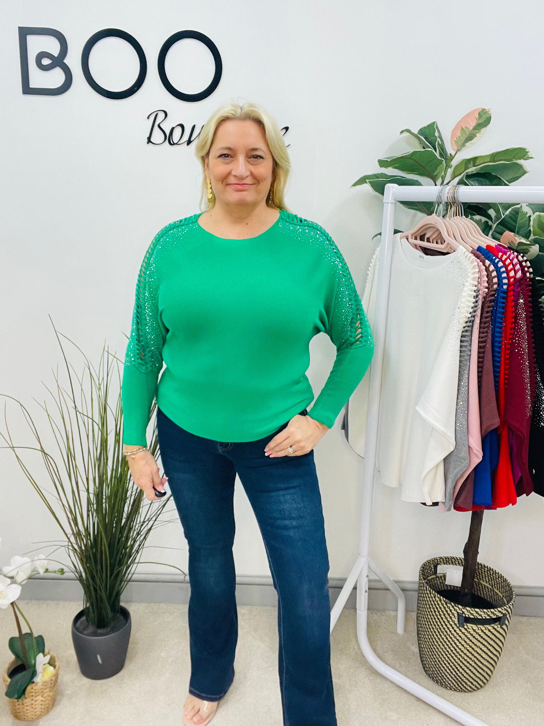 LADIES DIAMANTE BATWING JUMPER GREEN