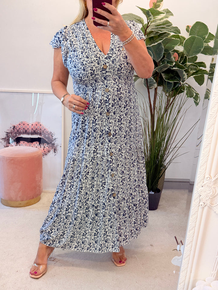 Ladies Fashion Daisy Print Midi Day Dress - Blue, Navy, Pink, Red