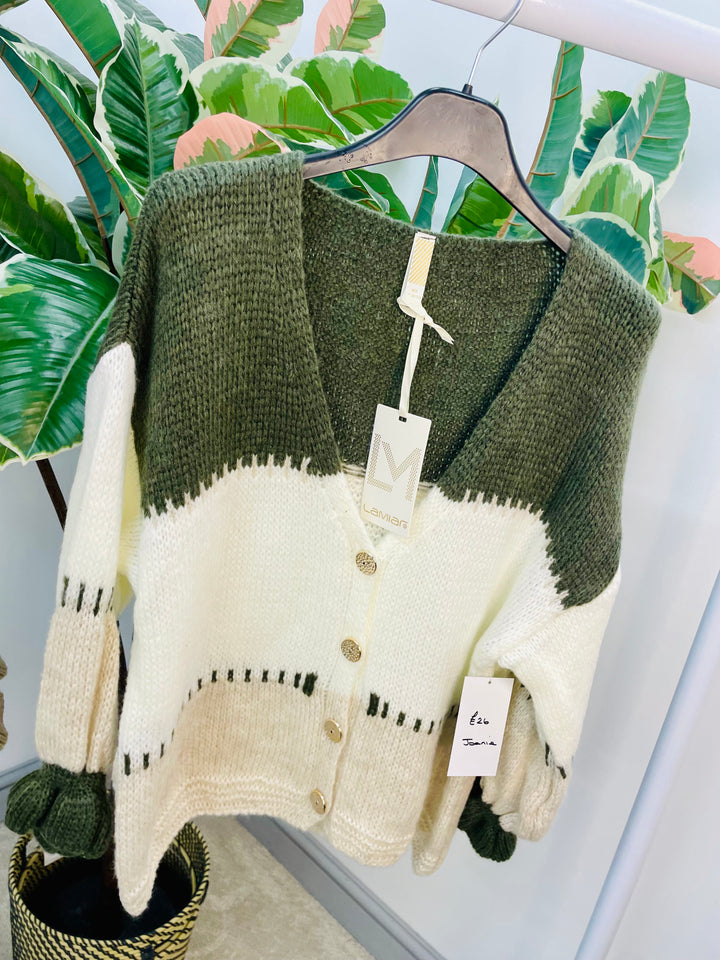 LADIES COLOUR BLOCK CARDIGAN - BEIGE & KHAKI