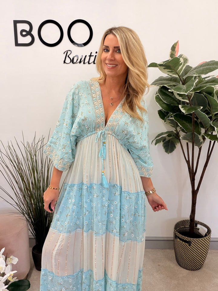 Ladies Fashion Boho Summer Maxi Dress - Pink, Cream, Mint & Blue
