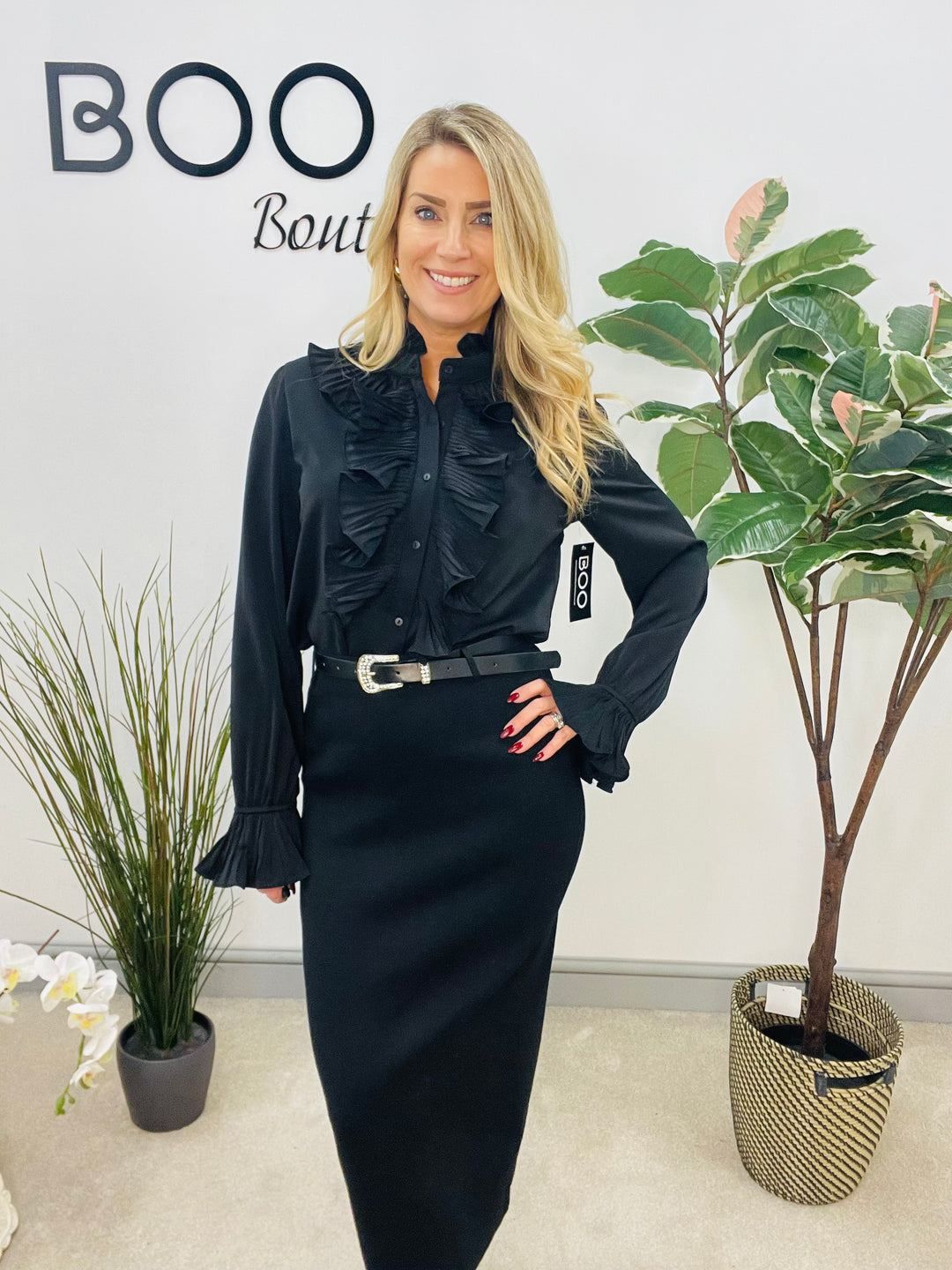 LADIES FRILL FRONT BLOUSE SHIRT - BLACK & BROWN