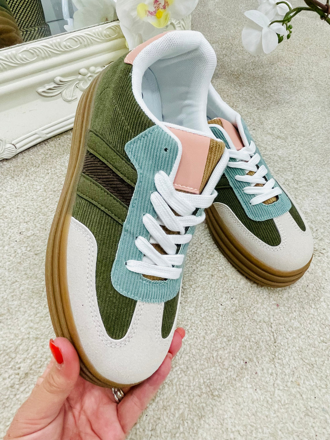 LADIES WOMENS KHAKI FLATFORM TRAINERS 