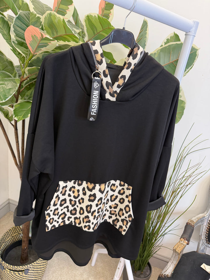 LADIES LEOPARD DETAIL HOODY SWEATSHIRT TOP - BLACK & WHITE