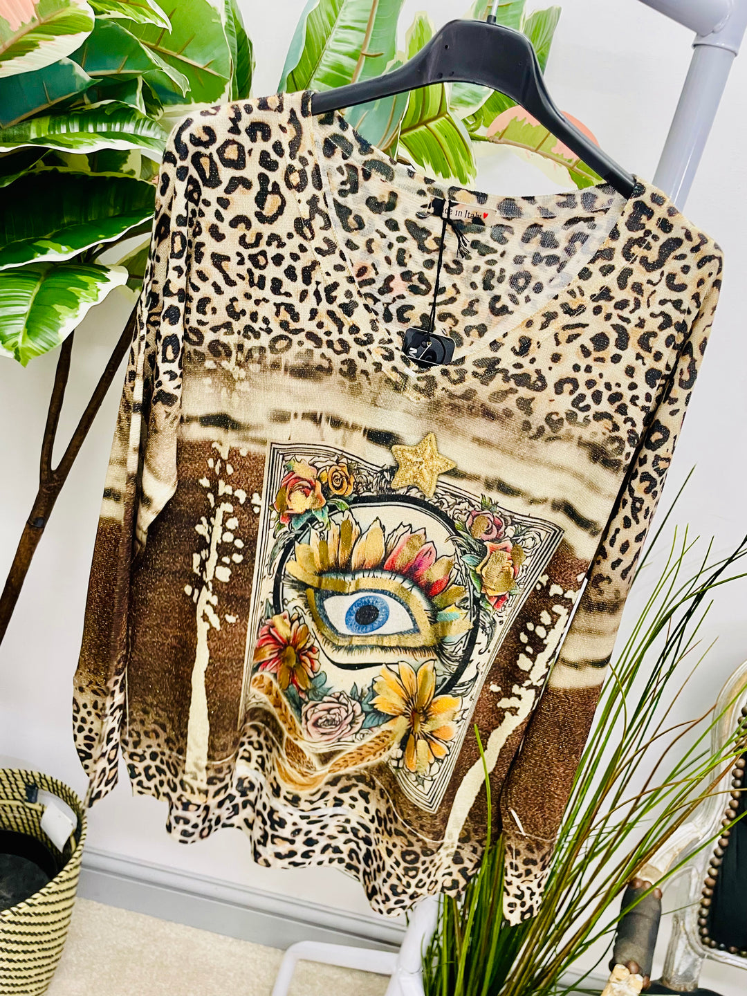 LADIES ALL SEEING EYE PRINT GOLD LUREX LONG SLEEVE TOP