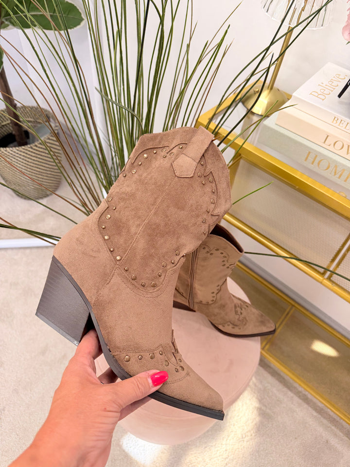 Tan Faux Suede Cowboy Boots ( 2510 )