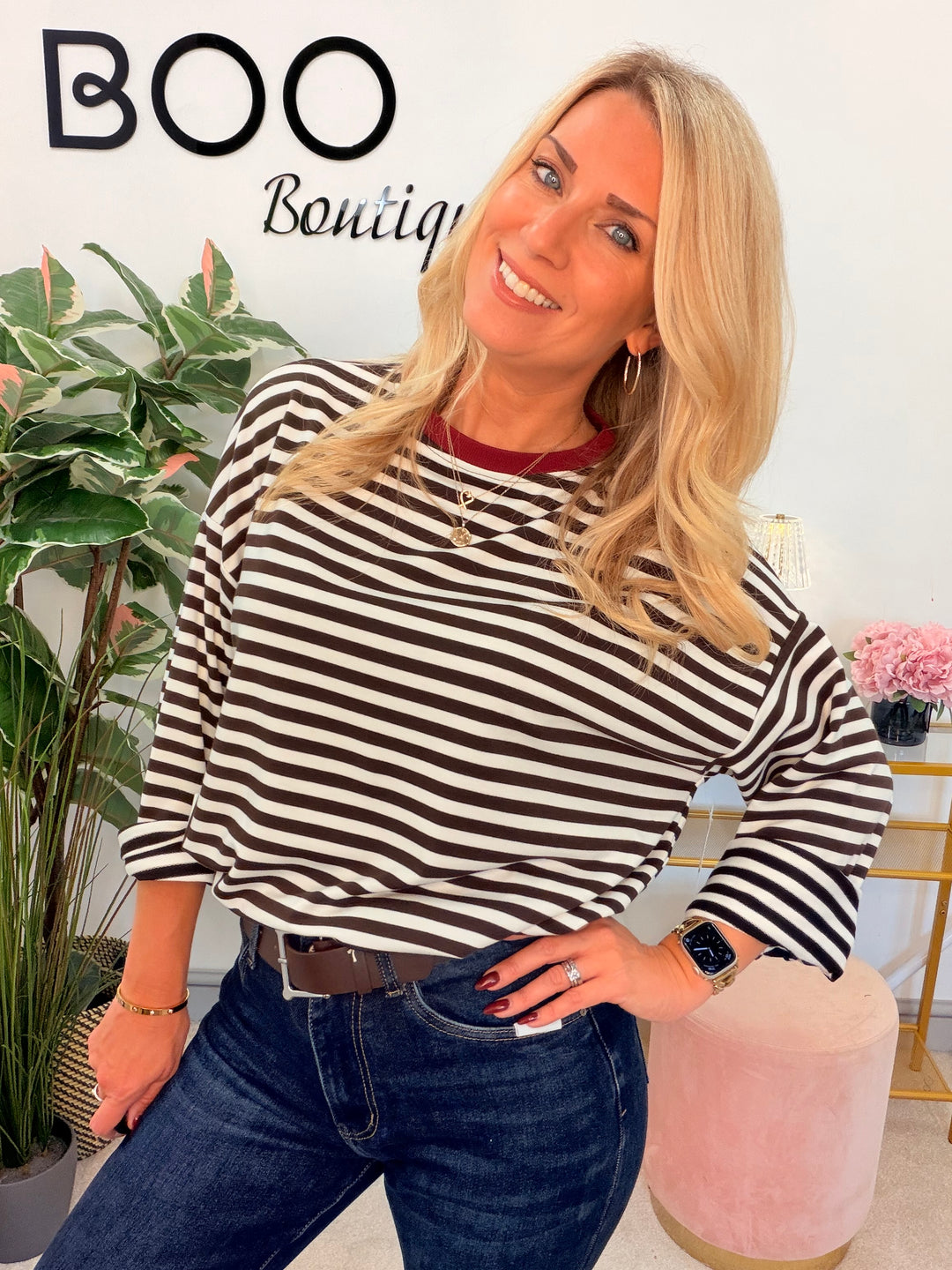 Women’s Stripe Long Sleeve Slouch Top - Wine, Navy, Pink, Brown