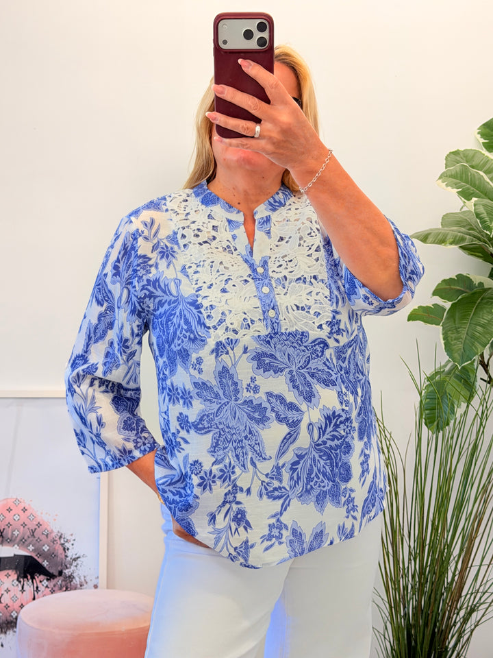 Ladies Fashion Blue & White Crochet Detail Summer Top