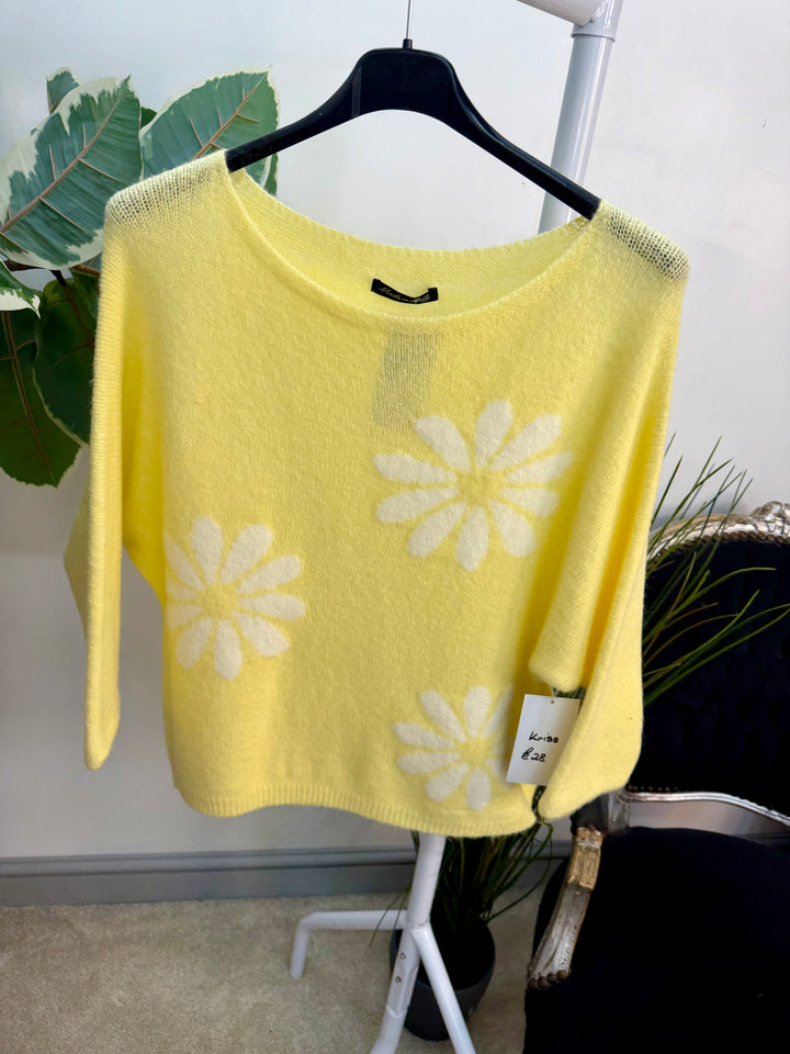 Ladies Fashion Daisy Short Sleeve Jumper - lemon, blue, white & pink