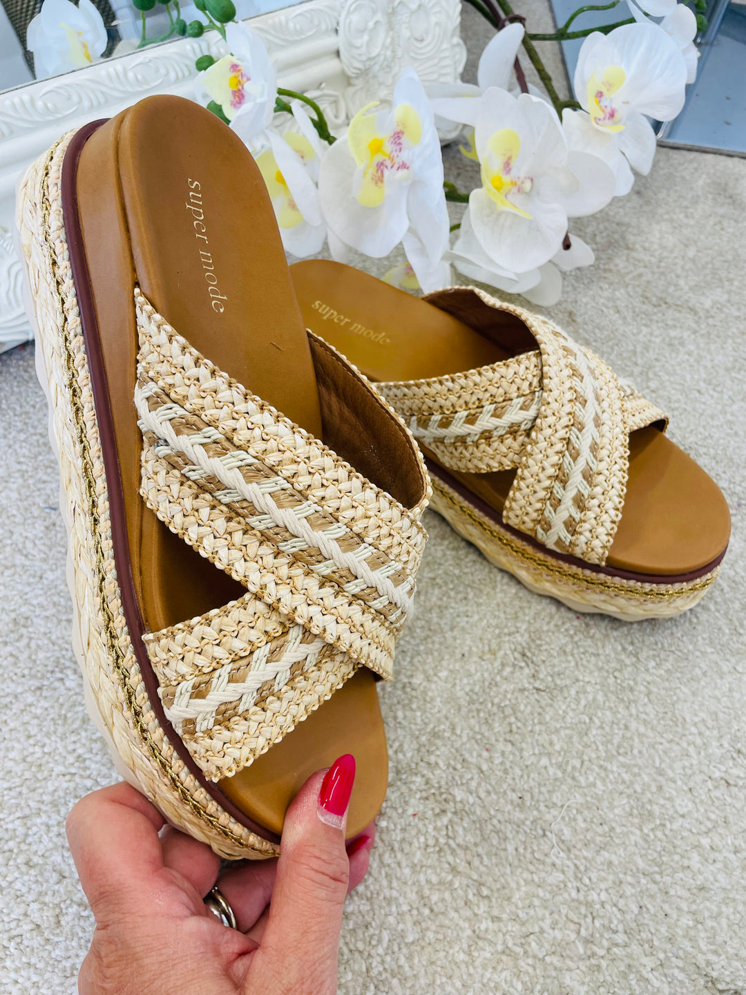LADIES BEIGE WOVEN SUMMER HOLIDAY FLATFORM SLIDER SANDALS 