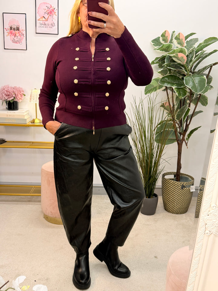 Ladies Fashion Military Knitted Cardigan Jumper - Black, Plum, Beige & Brown