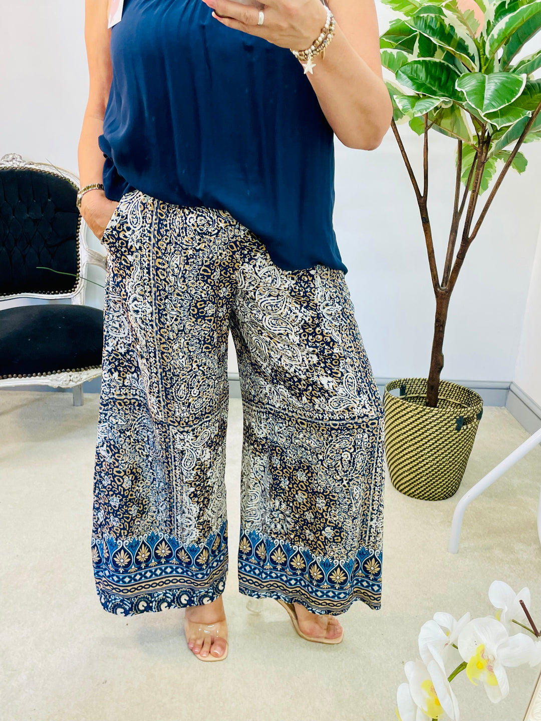 LADIES PAISLEY PRINT WIDE LEG PALAZZO TROUSERS - BURGUNDY, NAVY, KHAKI & BROWN