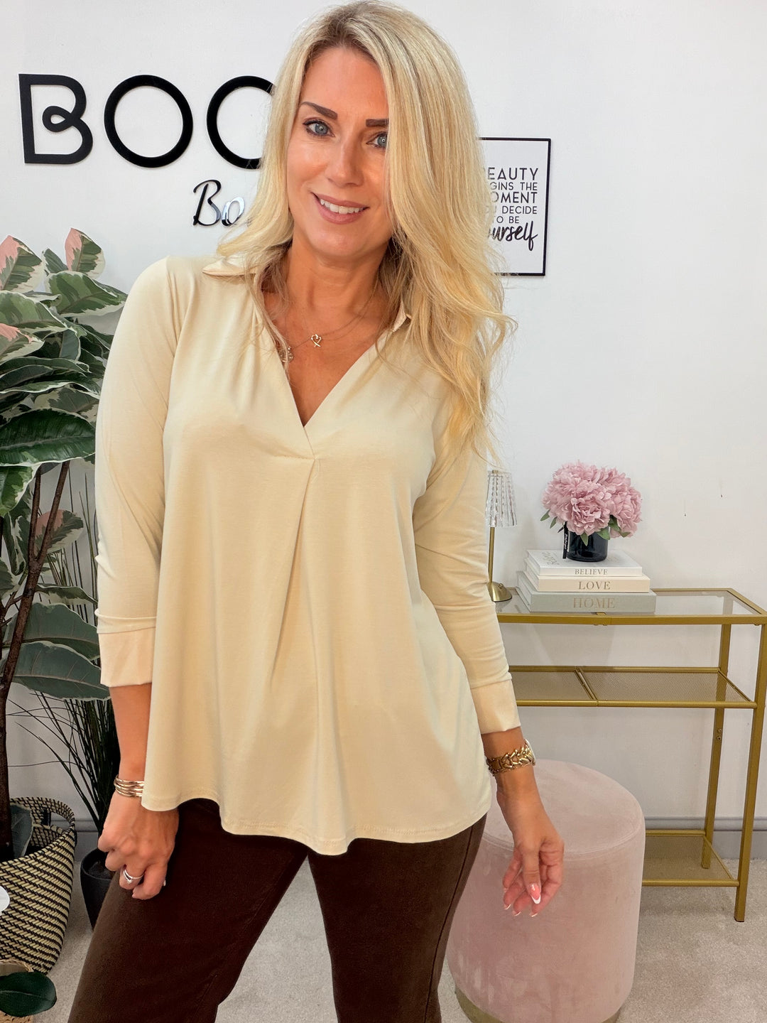 Ladies Fashion V Neck Top - White, Brown, Black, Beige, Wine, Khaki