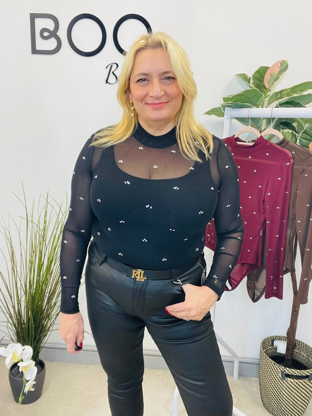 LADIES SHEER DIAMANTE BODYSUIT - BLACK, WINE, BROWN