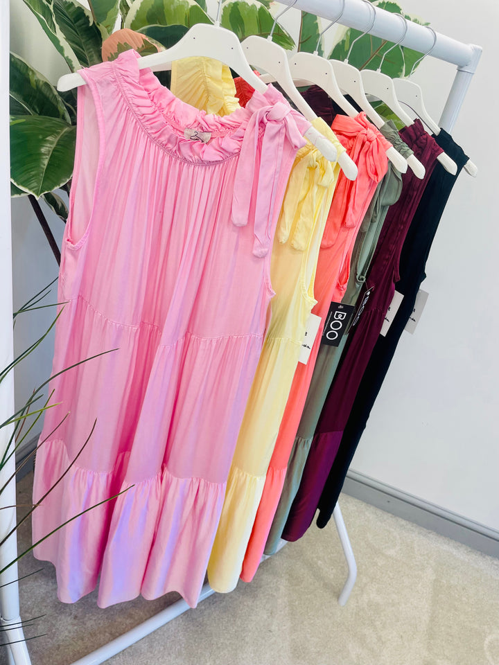 LADIES SATIN TIERED SUMMER MIDI DRESS = BURGUNDY, BLACK,, LEMON, PINK, KHAKI, CORAL