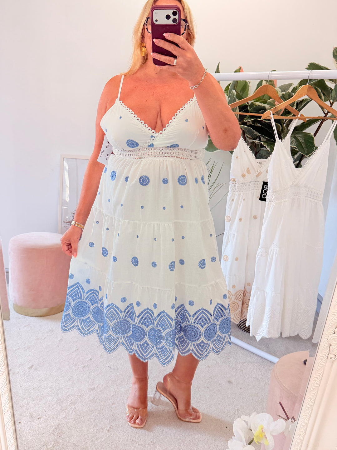 Ladies White Broderie Anglaise Cotton Summer Dress - blue & beige
