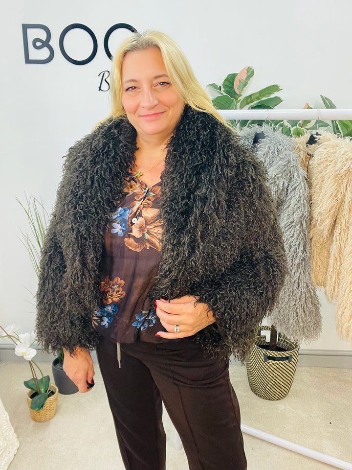 LADIES SHAGGY FLUFFY BOLERO JACKET - BEIGE, GREY & BROWN