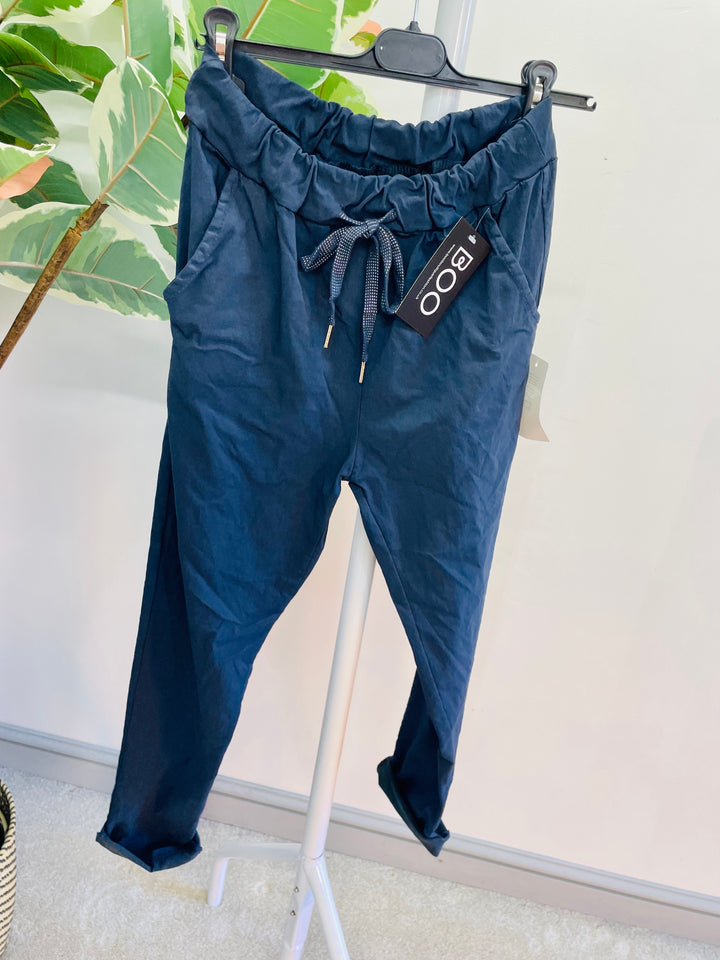 LADIES WOMENS NAVY CRINKLE STRETCH CASUAL MAGIC TROUSERS
