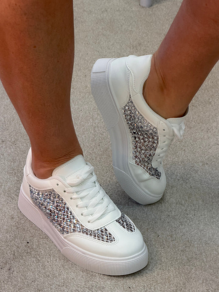 Ladies Fashion White Crystal Diamante Embellished Trainers