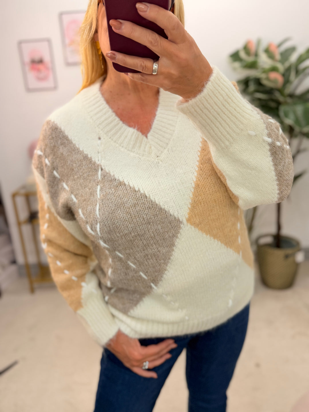 Ladies Fashion Cream Beige Mocha Cricket Loose Fit Jumper