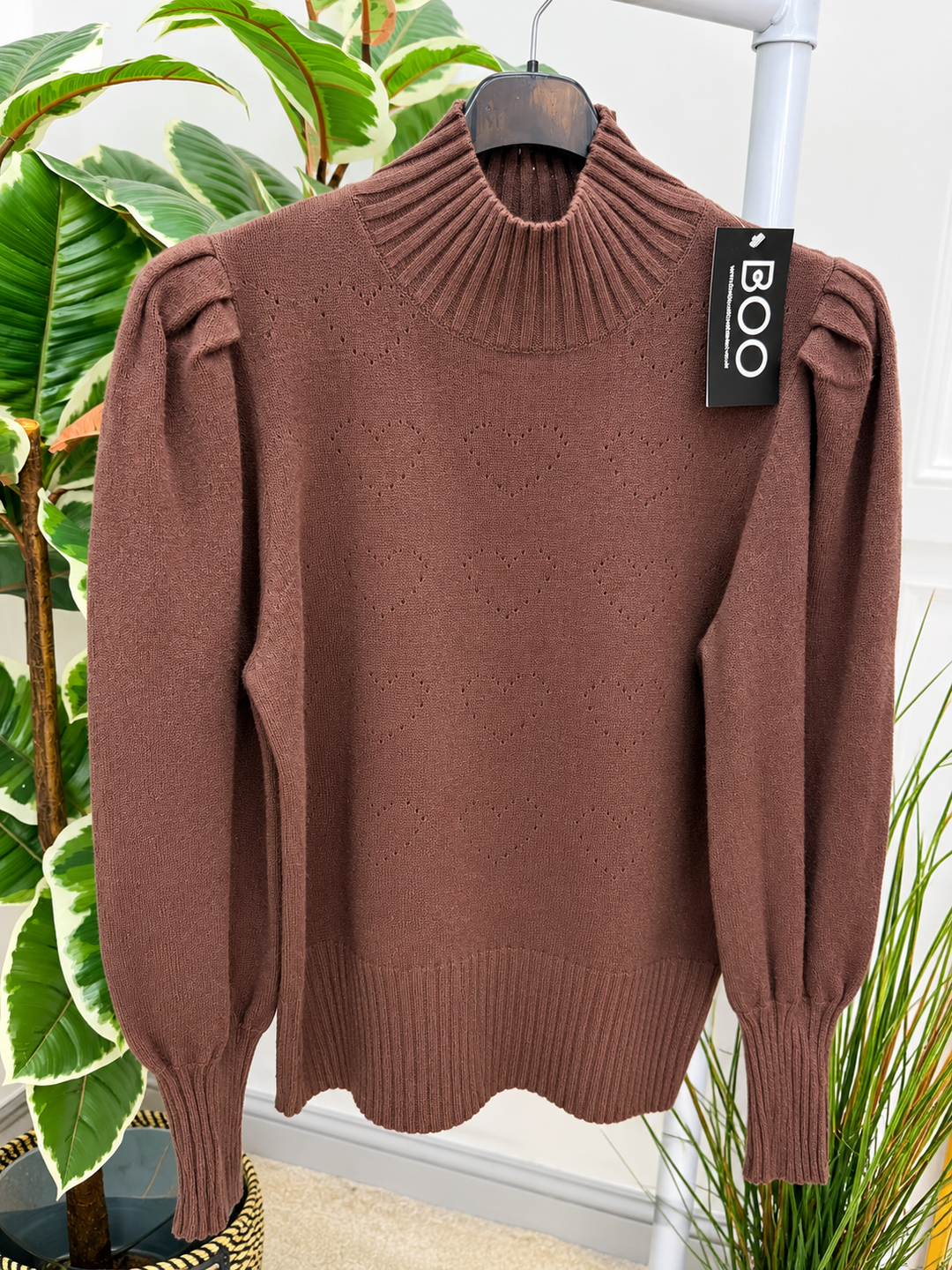 Womens soft knit puff sleeve high neck jumper - cream, black & brown
