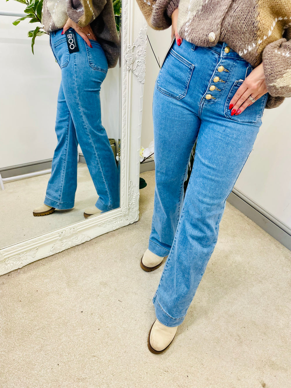 LADIES LIGHT DENIM WIDE LEG BUTTON FLY JEANS