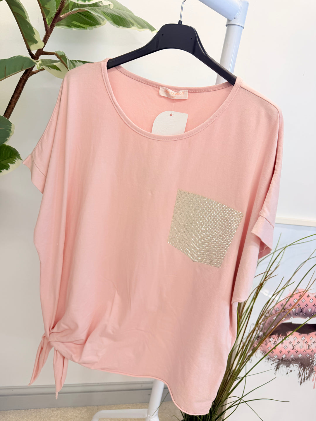Ladies Fashion Diamante Pocket Loose Fit T Shirt - Lemon, White, Blue & Pink