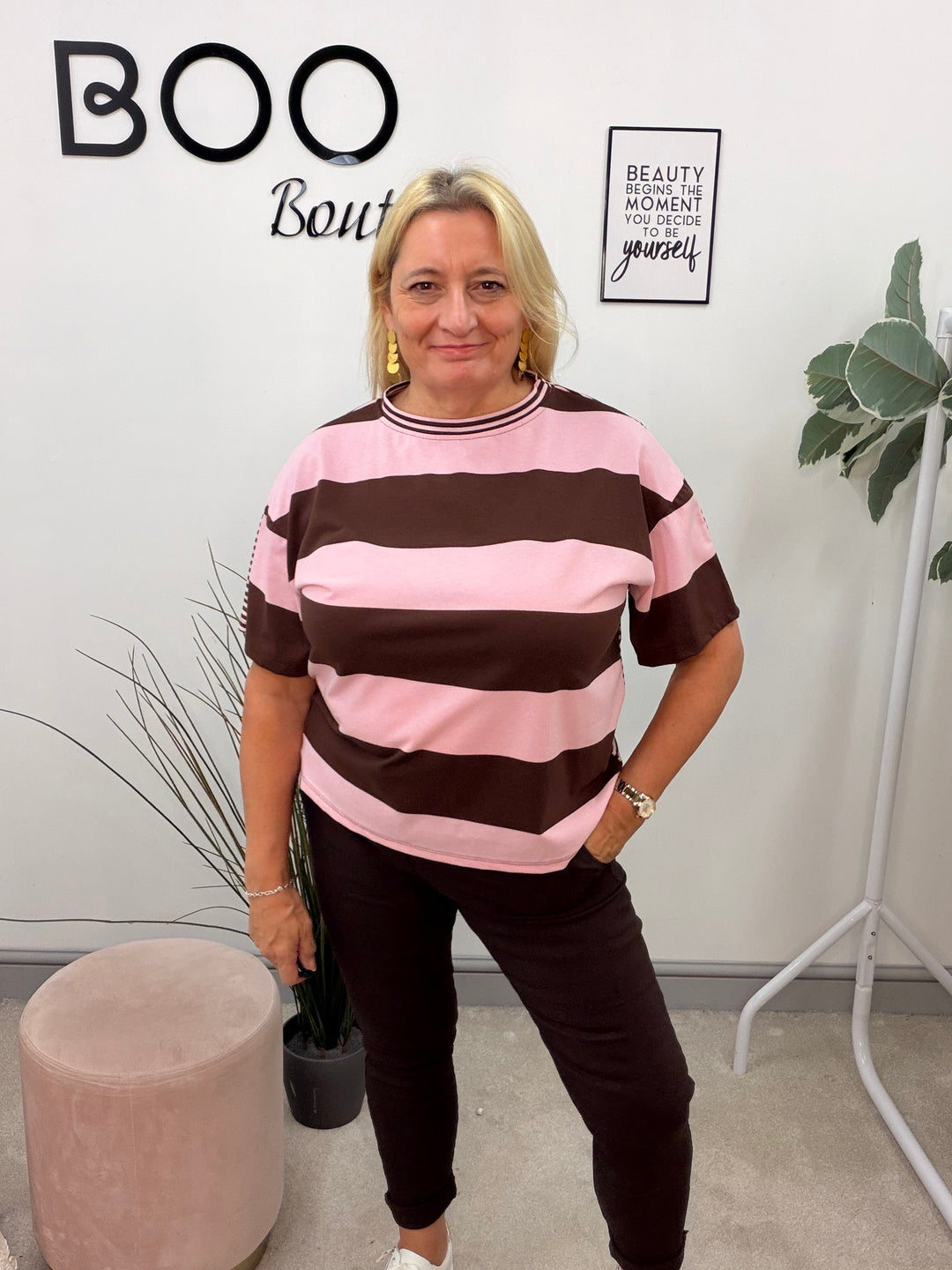 Ladies Colour Block Stripe T Shirt Top - Chocolate/Pink and Pink/Red