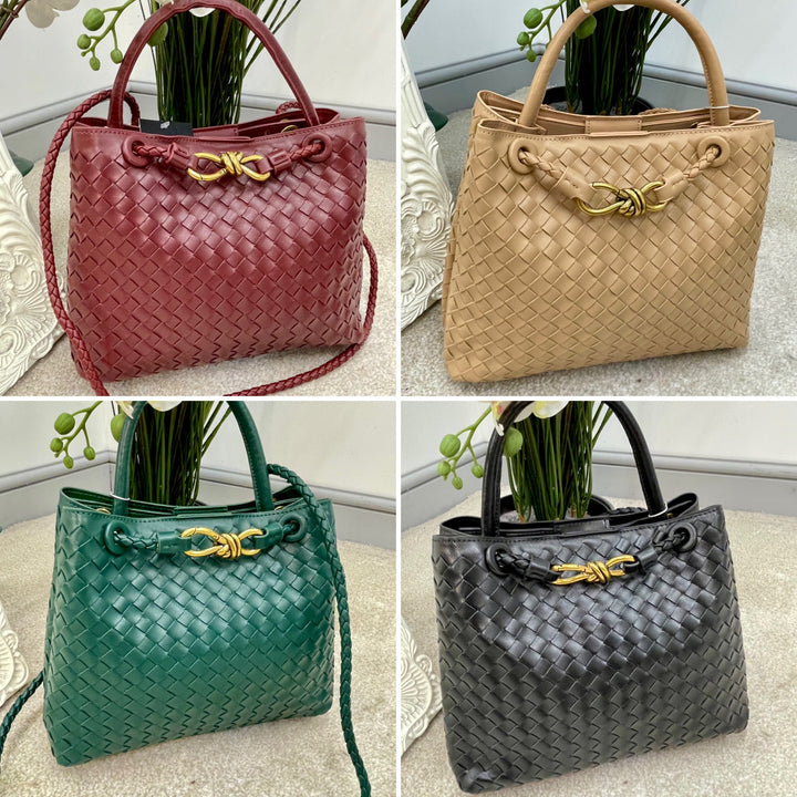 LADIES DESIGNER INSPIRED WOVEN HAND BAG - BLACK, GREEN, CAMEL & WINE