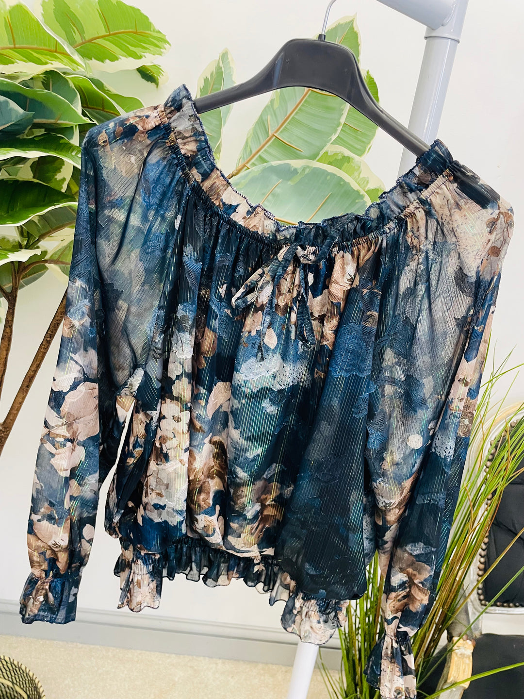 LADIES CHIFFON BARDOT GOING OUT TOP - BURGUNDY, NAVY, BLACK