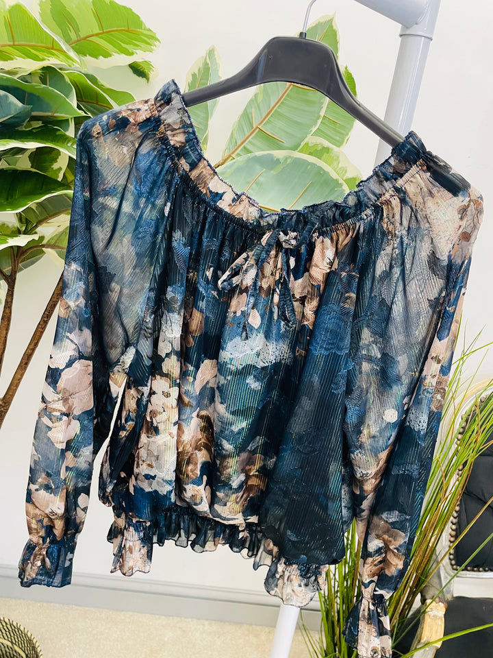 LADIES CHIFFON BARDOT GOING OUT TOP - BURGUNDY, NAVY, BLACK