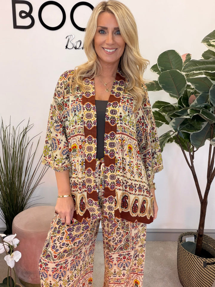 Ladies Moroccan Print Wide Leg Trouser Kimono Jacket Co Ord Set