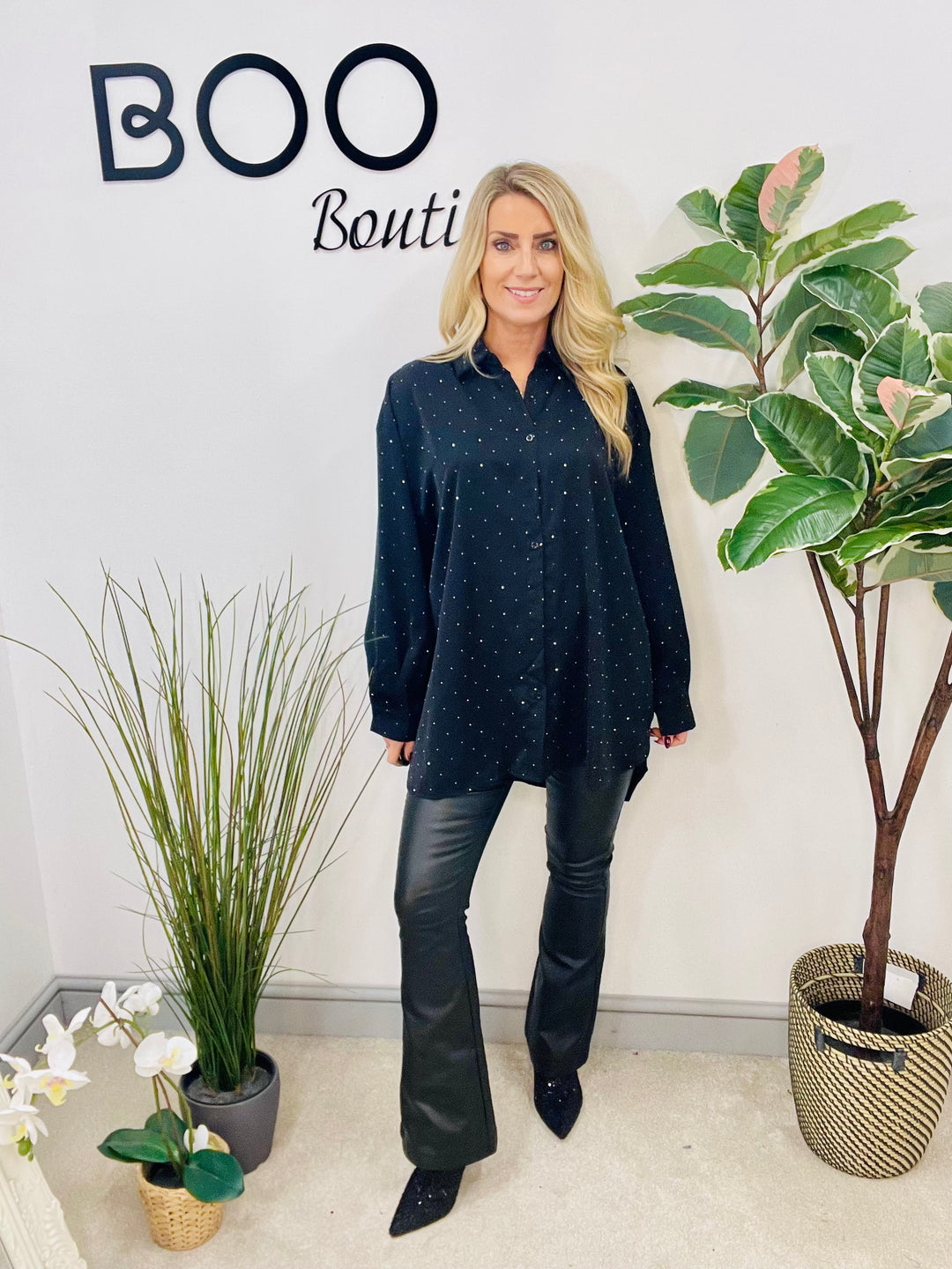 LADIES BLACK LOOSE FIT SPARKLY STUD SHIRT BLOUSE