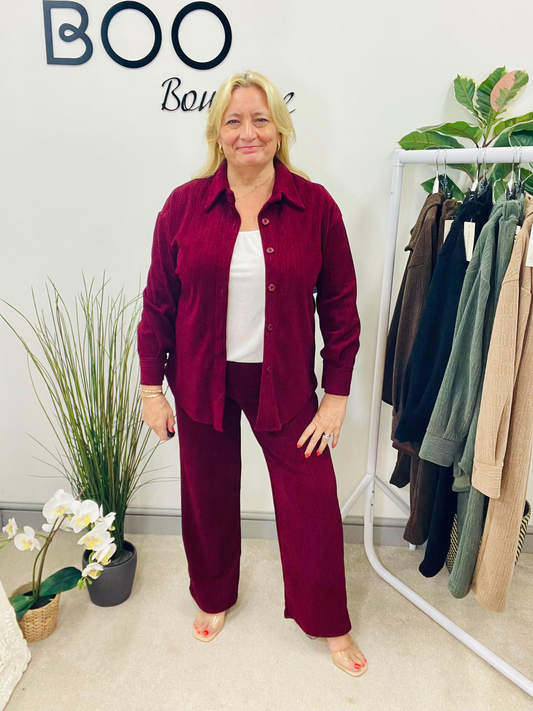 LADIES STRAIGHT LEG TROUSER & JACKET CO ORD SET BURGUNDY WINE