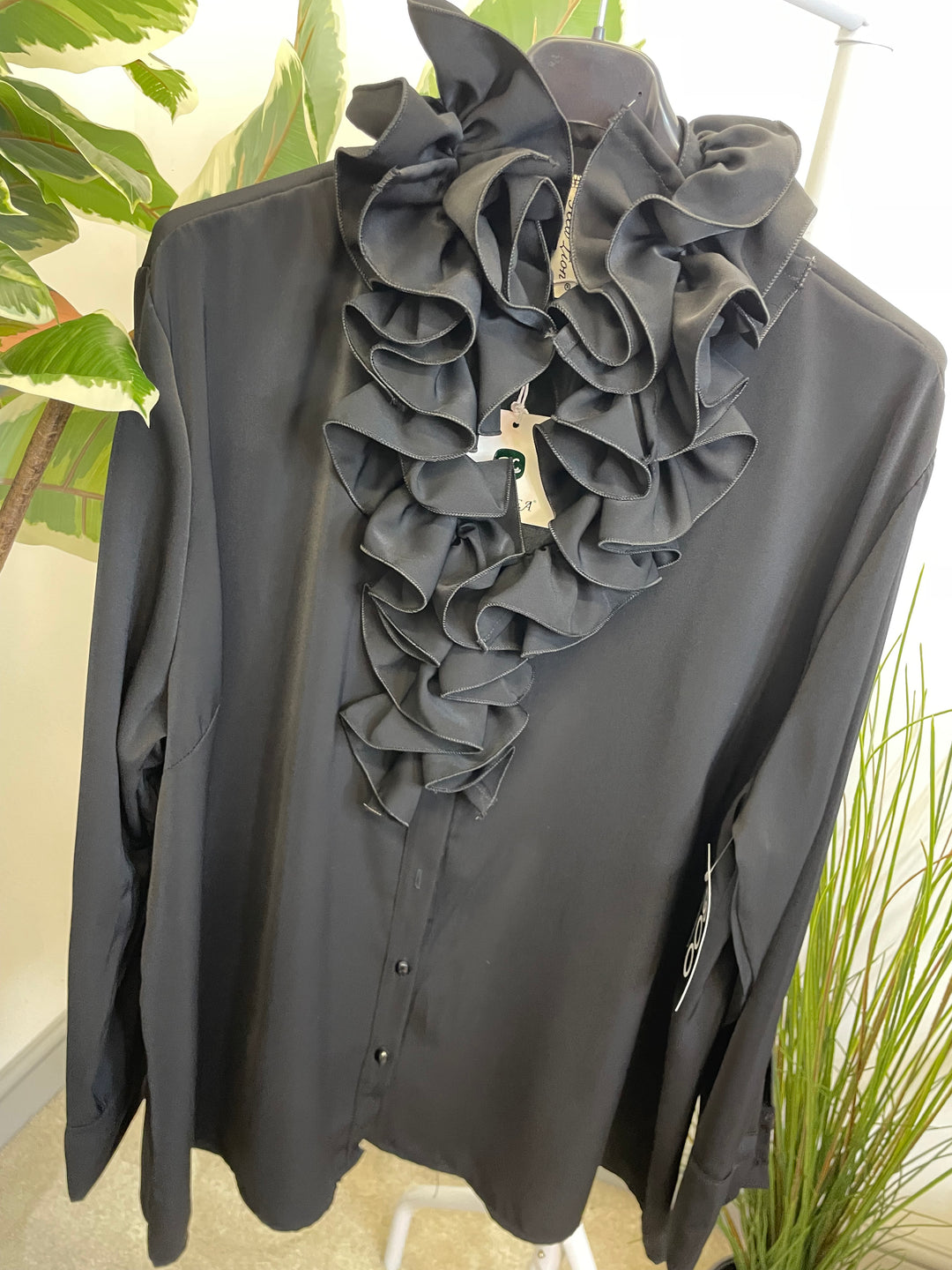 LADIES RUFFLE FRILL BLOUSE SHIRT - WHITE, BLACK, BROWN & BERRY