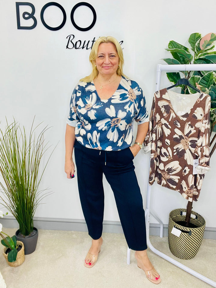 LADIES FINE KNIT FLOWER PRINT TOP - NAVY BLUE & BROWN