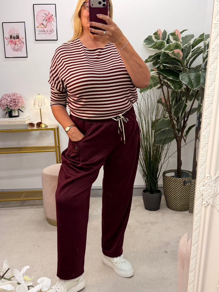 Ladies Fashion Soft Knit Stripe Top - Chocolate, Lime, Blue & Burgundy
