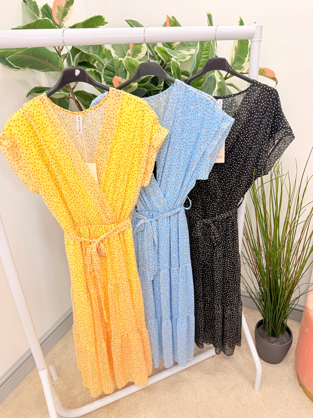 Ladies Fashion Chiffon Polka Dot Wrap Dress - Lemon, Black & Blue