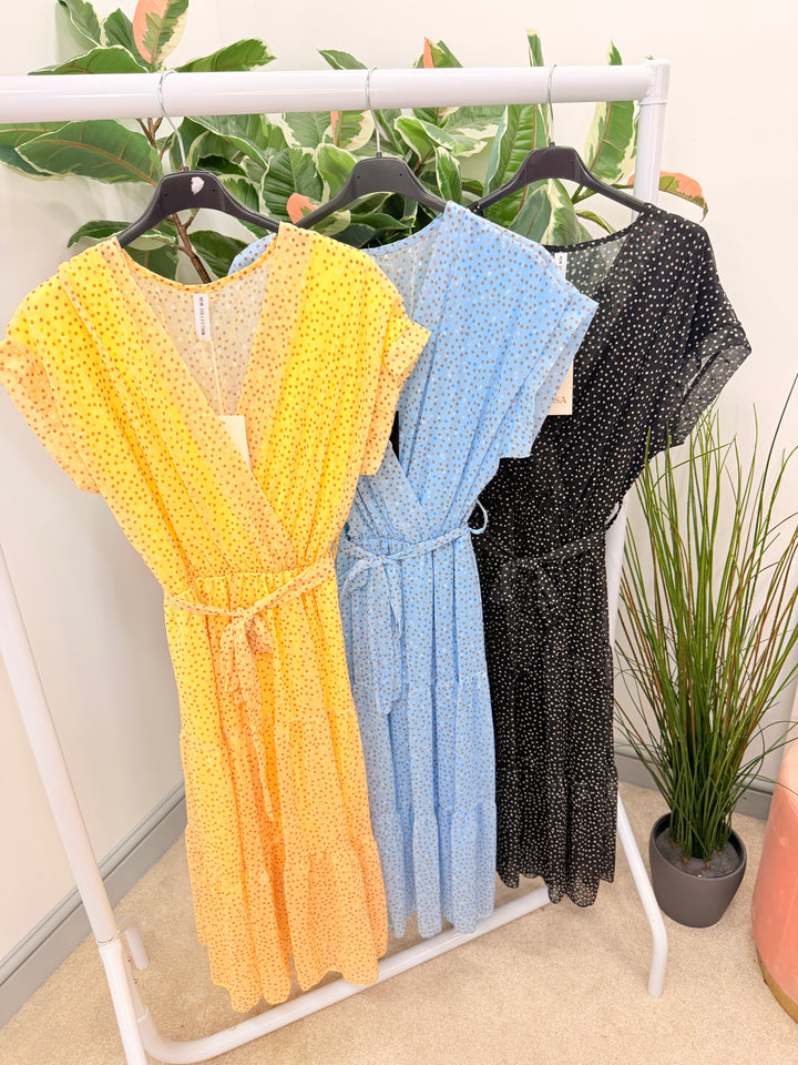 Ladies Fashion Chiffon Polka Dot Wrap Dress - Lemon, Black & Blue