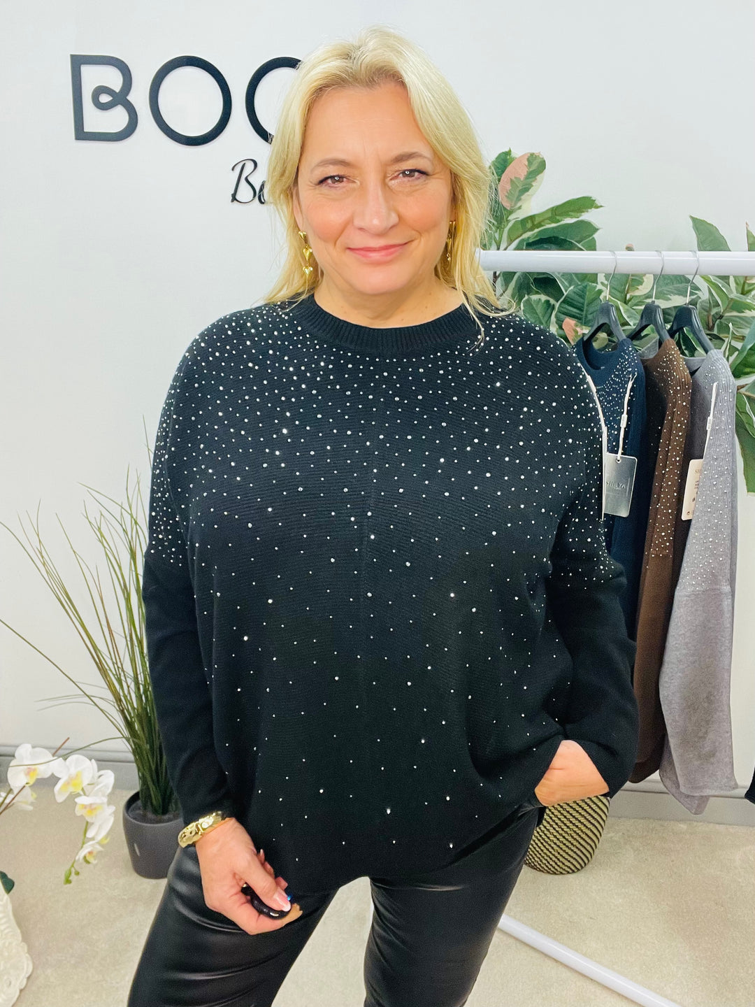 LADIES LOOSE FIT DIAMANTE OVERSIZE JUMPER - BLACK, GREY, NAVY, BROWN