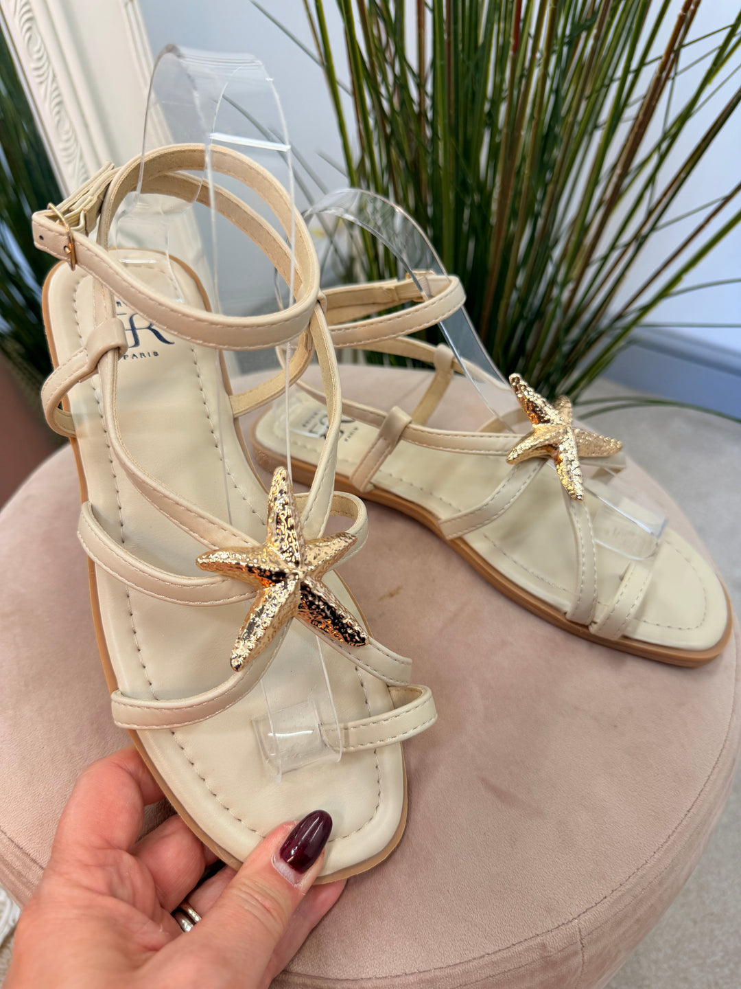 Ladies Flat Gladiator Sandals - beige and tan