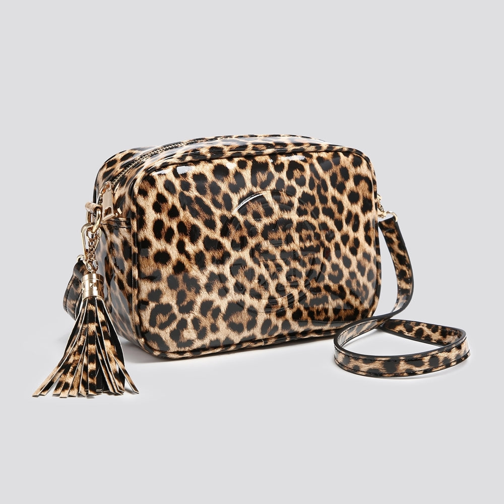 PATENT LEOPARD PRINT CAMERA BAG