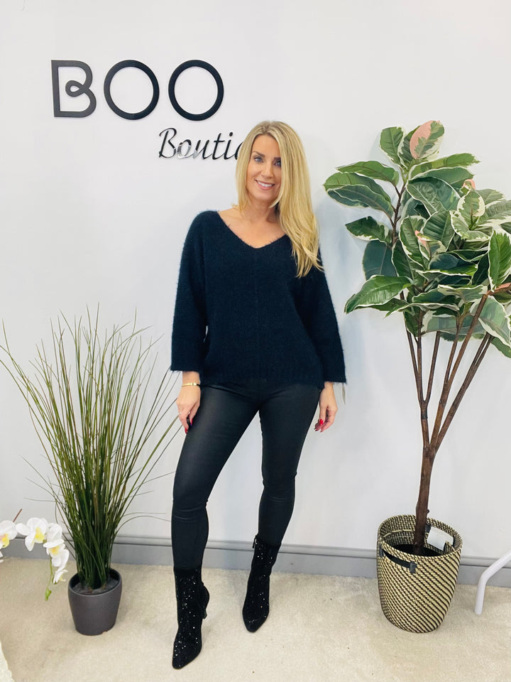 LADIES FLUFFY KNIT V NECK JUMPER - BROWN, BERRY, BLACK & NAVY