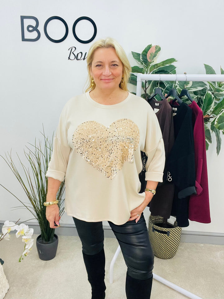 LADIES SCUBA SEQUIN HEART SWEATSHIRT TOP - BURGUNDY, BLACK, BROWN, BEIGE