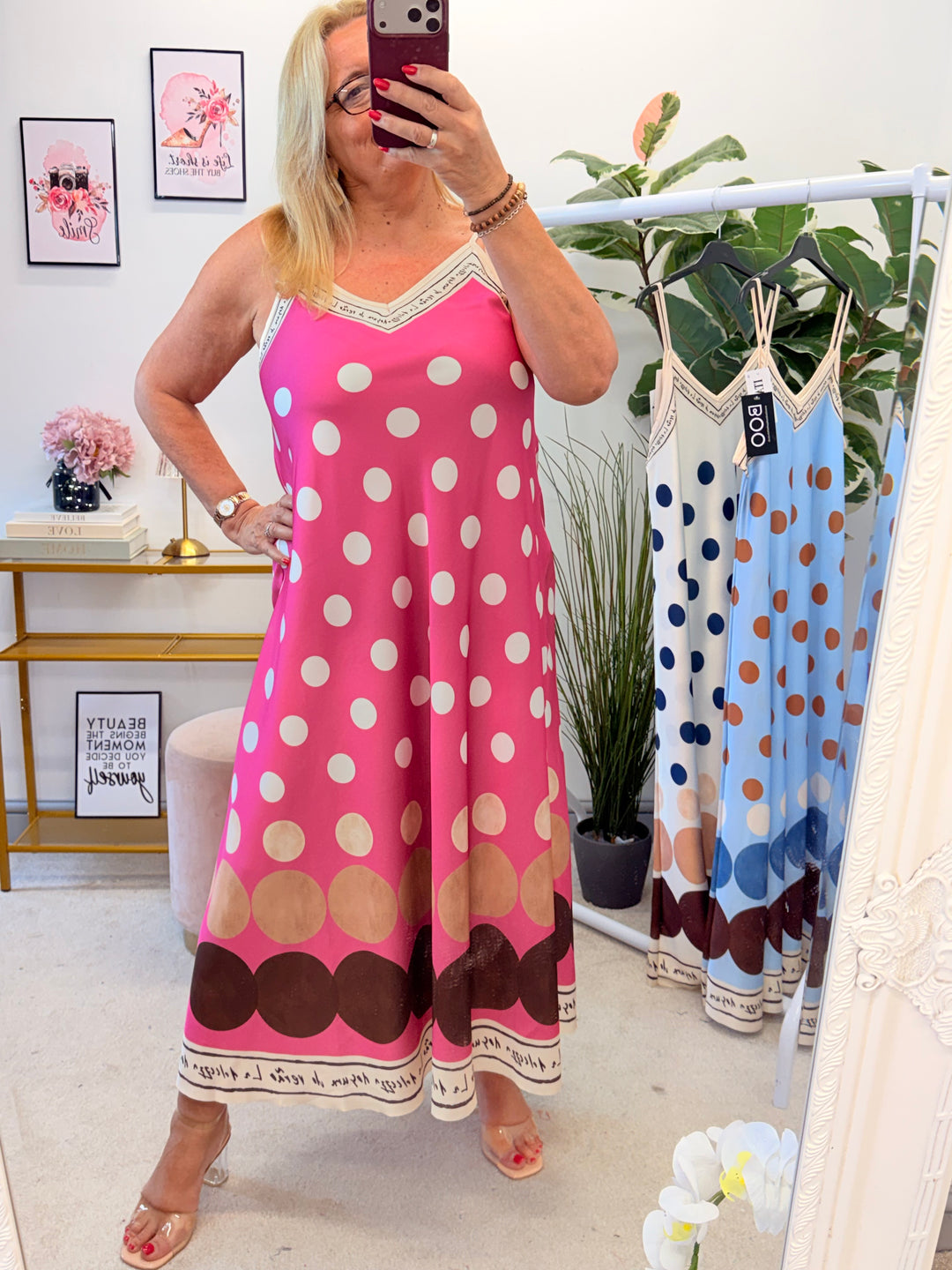 Ladies Polka Dot Satin Summer Cami Maxi Dress - Cream, Blue & Pink